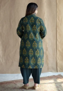 Sanya Green Ajrakh Cotton Straight Kurta with Hand Embroidery