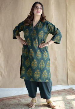 Sanya Green Ajrakh Cotton Straight Kurta with Hand Embroidery