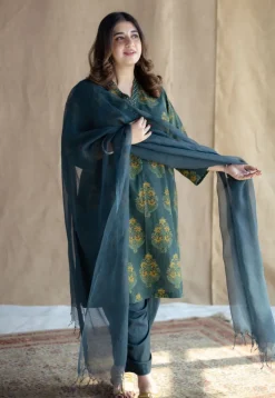 Sanya Green Ajrakh Cotton Straight Kurta with Hand Embroidery