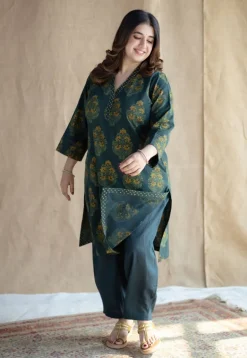 Sanya Green Ajrakh Cotton Straight Kurta with Hand Embroidery