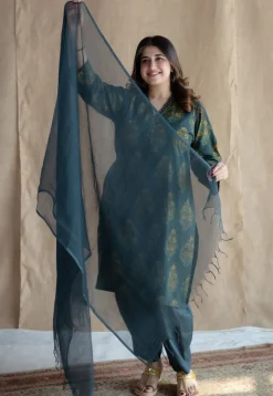 Sanya Green Ajrakh Cotton Straight Kurta with Hand Embroidery