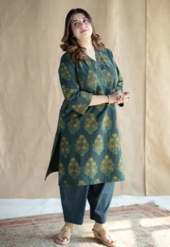 Sanya Green Ajrakh Cotton Straight Kurta with Hand Embroidery