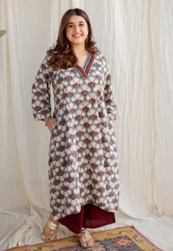 Sarah Off White Ajrakh Cotton A Line Kurta