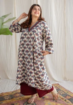 Sarah Off White Ajrakh Cotton A Line Kurta