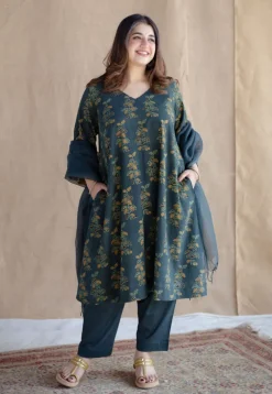 Sayali Green Ajrakh Cotton A Line Kurta with Hand Embroidery