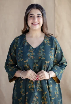 Sayali Green Ajrakh Cotton A Line Kurta with Hand Embroidery