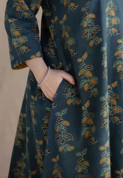 Sayali Green Ajrakh Cotton A Line Kurta with Hand Embroidery