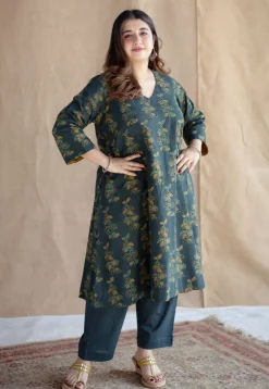 Sayali Green Ajrakh Cotton A Line Kurta with Hand Embroidery