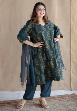Sayali Green Ajrakh Cotton A Line Kurta with Hand Embroidery