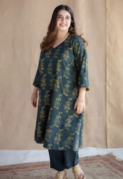 Sayali Green Ajrakh Cotton A Line Kurta with Hand Embroidery