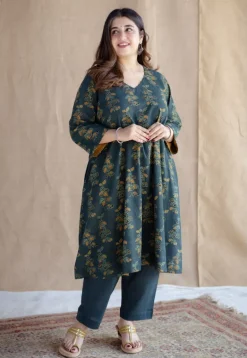 Sayali Green Ajrakh Cotton A Line Kurta with Hand Embroidery
