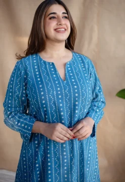 Shaili Indigo Dabu Slub Cotton A Line Kurta with Embroidery