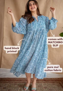 Sharvi Batik Natural Dyed MulMul Cotton Dress with Slip