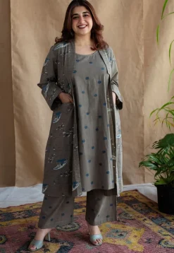 Shikara Grey Ajrakh Cotton A Line Jacket with Hand Embroidery