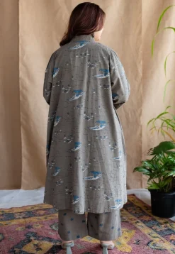 Shikara Grey Ajrakh Cotton A Line Jacket with Hand Embroidery