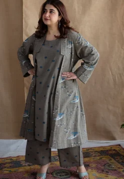 Shikara Grey Ajrakh Cotton A Line Jacket with Hand Embroidery