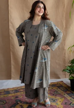 Shikara Grey Ajrakh Cotton A Line Jacket with Hand Embroidery