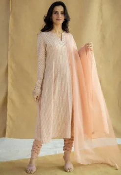 Shinat Peach Hand Block Print Slub Cotton Kali Kurta with Hand Embroidery