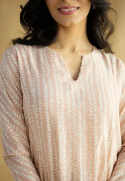 Shinat Peach Hand Block Print Slub Cotton Kali Kurta with Hand Embroidery