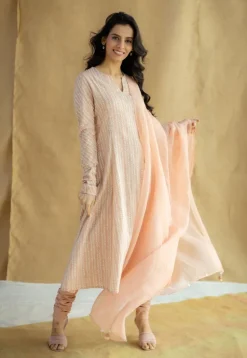 Shinat Peach Hand Block Print Slub Cotton Kali Kurta with Hand Embroidery