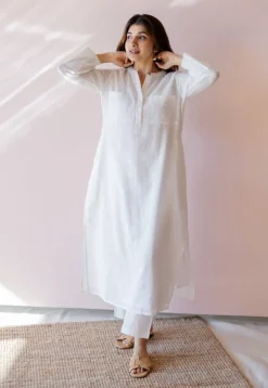 Shreeja White Jamdani Handloom Cotton A Line Kurta