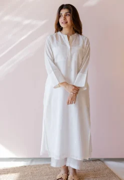 Shreeja White Jamdani Handloom Cotton A Line Kurta