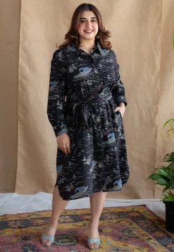 Sirin Charcoal Ajrakh Cotton A Line Dress