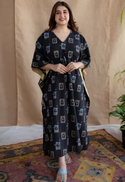 Sona Charcoal Ajrakh Cotton Anti-Fit Kaftan