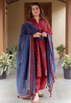 Sonia Madder Ajrakh Chanderi Silk Kali Kurta with Hand Embroidery