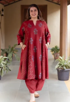 Sonia Madder Ajrakh Chanderi Silk Kali Kurta with Hand Embroidery