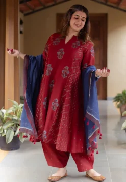 Sonia Madder Ajrakh Chanderi Silk Kali Kurta with Hand Embroidery