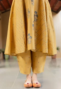 Sonia Mustard Ajrakh Chanderi Silk Kali Kurta with Hand Embroidery
