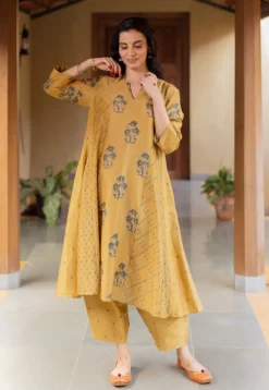 Sonia Mustard Ajrakh Chanderi Silk Kali Kurta with Hand Embroidery