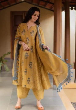 Sonia Mustard Ajrakh Chanderi Silk Kali Kurta with Hand Embroidery