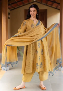 Sonia Mustard Ajrakh Chanderi Silk Kali Kurta with Hand Embroidery