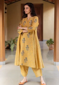 Sonia Mustard Ajrakh Chanderi Silk Kali Kurta with Hand Embroidery