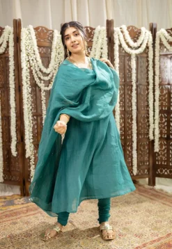 Srisha Peacock Green A Line Chanderi Silk Gota Patti Kurta Set (Set of 3)