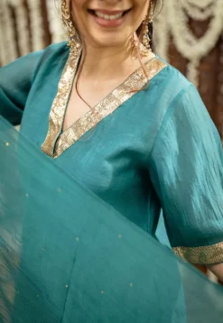 Srisha Peacock Green A Line Chanderi Silk Gota Patti Kurta Set (Set of 3)