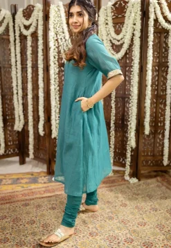 Srisha Peacock Green A Line Chanderi Silk Gota Patti Kurta Set (Set of 3)