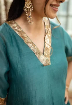 Srisha Peacock Green A Line Chanderi Silk Gota Patti Kurta Set (Set of 3)
