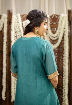 Srisha Peacock Green A Line Chanderi Silk Gota Patti Kurta Set (Set of 3)