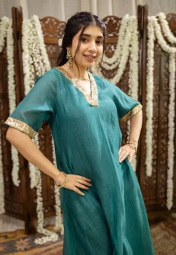 Srisha Peacock Green A Line Chanderi Silk Gota Patti Kurta Set (Set of 3)