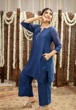 Sudiksha Navy Blue Chanderi Silk Straight Hand Embroidered Kurta Set (Set of 3)