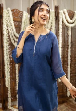 Sudiksha Navy Blue Chanderi Silk Straight Hand Embroidered Kurta Set (Set of 3)