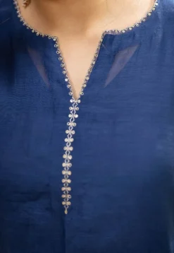 Sudiksha Navy Blue Chanderi Silk Straight Hand Embroidered Kurta Set (Set of 3)