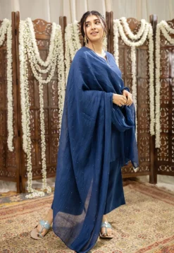 Sudiksha Navy Blue Chanderi Silk Straight Hand Embroidered Kurta Set (Set of 3)