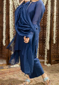 Sudiksha Navy Blue Chanderi Silk Straight Hand Embroidered Kurta Set (Set of 3)