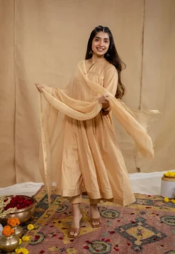 Surina Mulmul Cotton Beige Kurta Set (Set of 3)