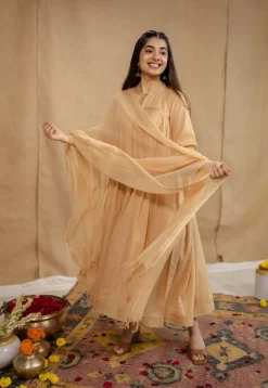 Surina Mulmul Cotton Beige Kurta Set (Set of 3)