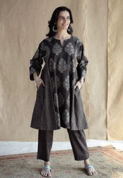 Tania Charcoal Ajrakh Cotton Jhabba Kali Kurta with Hand Embroidery